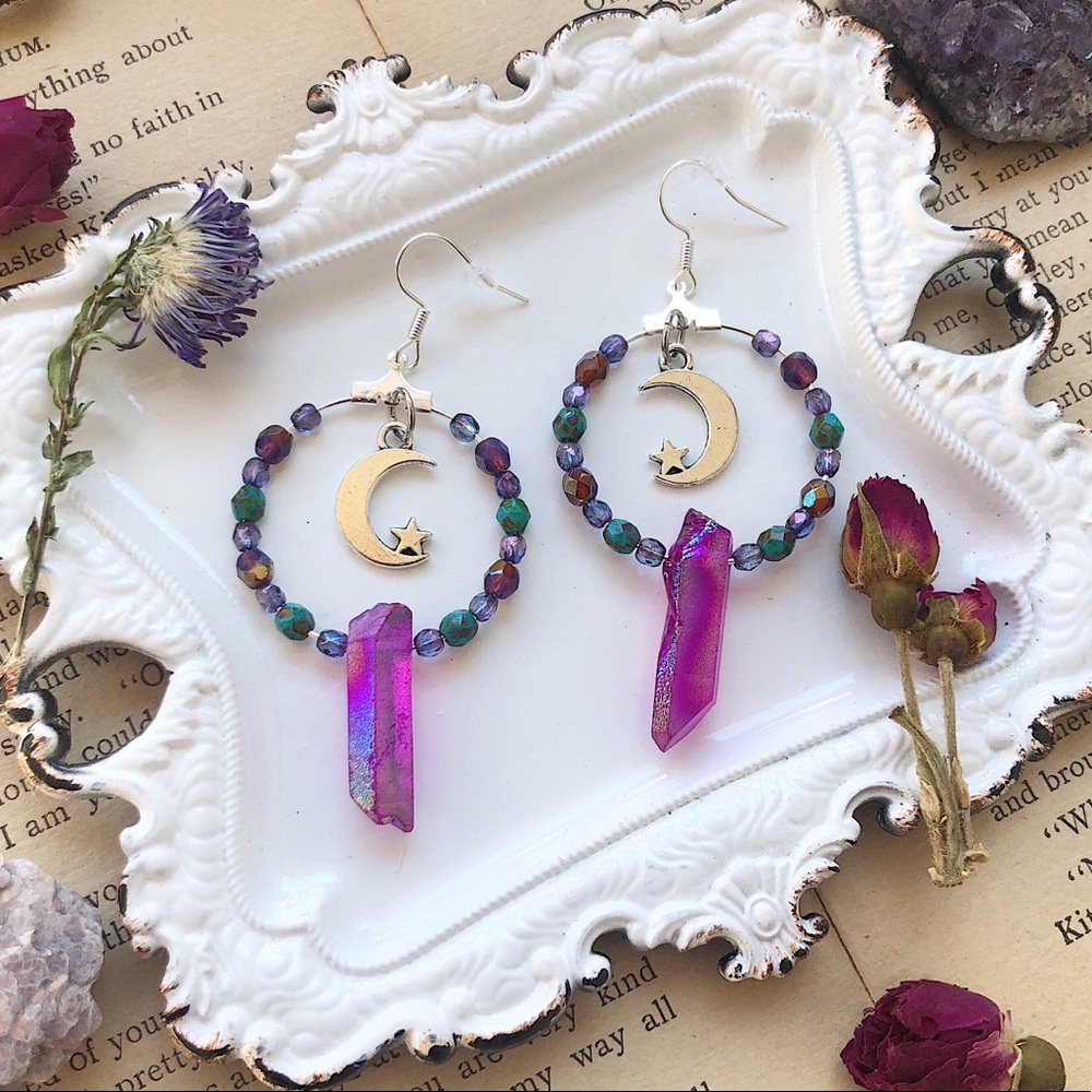 Boho crystal quartz moon hoop earrings 💜 - Picture 2 of 2